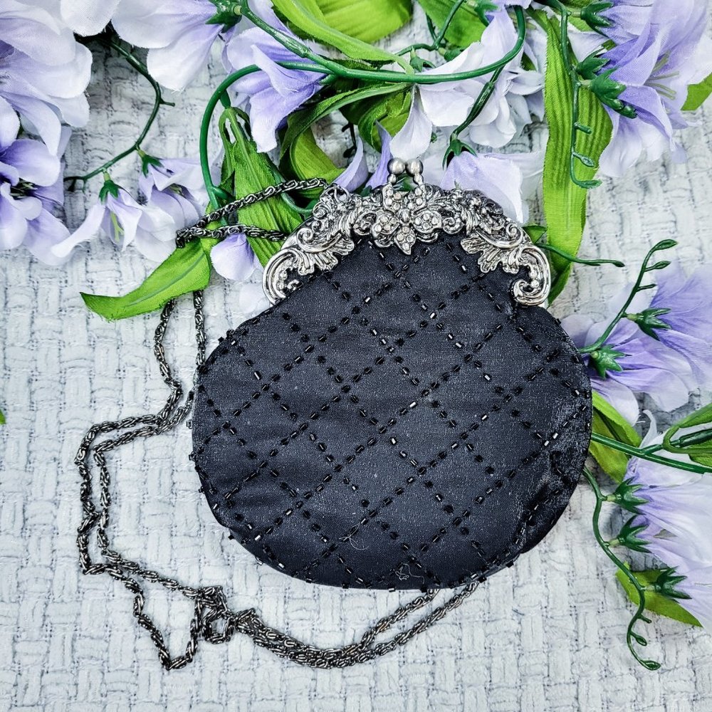 Jessica McClintock Black Beaded Kisslock Evening Bag Purse
